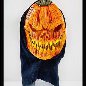 New Halloween Mask Scary Pumpkin Head W Teeth Black Hood  Jack O Lantern Costume